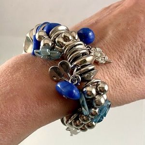 Silver & Blue Floral Charm Bead Stretch Bracelet